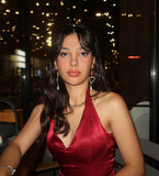 A-Line Halter V-Neck Satin Short Burgundy Birthday Party Dress Prom Dress HZ1024