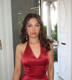 A-Line Halter V-Neck Satin Short Burgundy Birthday Party Dress Prom Dress HZ1024
