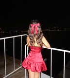 A-Line Halter V-Neck Satin Short Burgundy Birthday Party Dress Prom Dress HZ1024