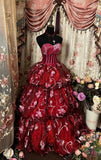 Vintage Strapless Sweetheart Neck A-Line Tiered Floral Floor-Length Prom Dress Evening Gown HZ1024