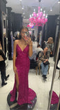 Sequined Spaghetti Strap Sleeveless Pink Slit Long Mermaid Prom Dress Bridesmaid Dress HZ1024