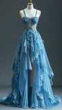 Illusion Strap Tulle High Low A-Line Blue Formal Long Prom Dress Evening Dress HZ1024