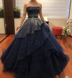 A-Line Elegant Navy Strapless Floor-length Formal Prom Dress Evening Gown HZ1024
