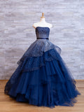A-Line Elegant Navy Strapless Floor-length Formal Prom Dress Evening Gown HZ1024