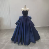 A-line elegant navy blue strapless satin tulle formal prom dress evening gown HZ1024