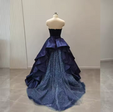 A-line elegant navy blue strapless satin tulle formal prom dress evening gown HZ1024