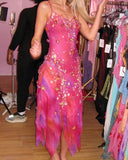 Spaghetti Strap Pink Sleeveless Floral Chiffon Ball Gown Party Dress HZ1024