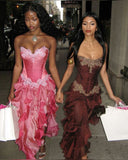 Vintage Sweetheart Neck Strapless Chiffon Ruffle Prom Dress HZ1024