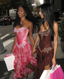 Vintage Sweetheart Neck Strapless Chiffon Ruffle Prom Dress HZ1024