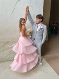 Elegant Strapless Pink A-Line Tiered Ankle-Length Prom Dress Bridesmaid Dress HZ1024