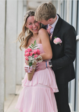 Elegant Strapless Pink A-Line Tiered Ankle-Length Prom Dress Bridesmaid Dress HZ1024