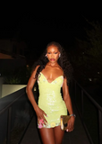 Gorgeous Light Yellow Strap Sequin Bodycon V Neck Mini Party Dress Homecoming Dress HZ1024