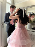 Elegant Pink A-line Spaghetti Strap Backless Layered Tulle Long Ball Gown Bridesmaid Dress HZ1024