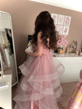 Elegant Pink A-line Spaghetti Strap Backless Layered Tulle Long Ball Gown Bridesmaid Dress HZ1024