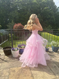 Elegant Pink A-line Spaghetti Strap Backless Layered Tulle Long Ball Gown Bridesmaid Dress HZ1024