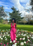Bright Pink Deep V Neck Sleeveless Velvet Mermaid Long Prom Dress HZ1024