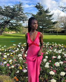 Bright Pink Deep V Neck Sleeveless Velvet Mermaid Long Prom Dress HZ1024