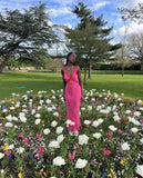 Bright Pink Deep V Neck Sleeveless Velvet Mermaid Long Prom Dress HZ1024