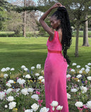 Bright Pink Deep V Neck Sleeveless Velvet Mermaid Long Prom Dress HZ1024