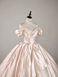 Elegant Pink Satin A-Line Off-The-Shoulder Floor-Sweeping Prom Dress Evening Gown HZ1024
