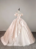 Elegant Pink Satin A-Line Off-The-Shoulder Floor-Sweeping Prom Dress Evening Gown HZ1024