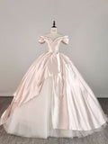 Elegant Pink Satin A-Line Off-The-Shoulder Floor-Sweeping Prom Dress Evening Gown HZ1024
