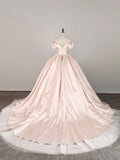 Elegant Pink Satin A-Line Off-The-Shoulder Floor-Sweeping Prom Dress Evening Gown HZ1024