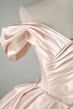 Elegant Pink Satin A-Line Off-The-Shoulder Floor-Sweeping Prom Dress Evening Gown HZ1024