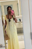 Sexy Light Yellow Short Sleeve Hollow Knitted Mermaid Floor Length Ball Gown Party Dress HZ1024