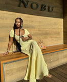 Sexy Light Yellow Short Sleeve Hollow Knitted Mermaid Floor Length Ball Gown Party Dress HZ1024