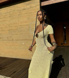 Sexy Light Yellow Short Sleeve Hollow Knitted Mermaid Floor Length Ball Gown Party Dress HZ1024