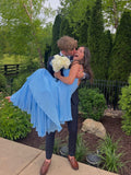 Elegant Blue Strapless Sleeveless Layered Pleated A-Line Ball Gown Bridesmaid Dress HZ1024