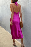 Elegant Satin Rose Purple Backless Off Shoulder Formal Prom Dress Evening Gown HZ1024