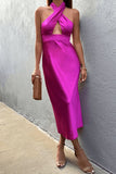 Elegant Satin Rose Purple Backless Off Shoulder Formal Prom Dress Evening Gown HZ1024