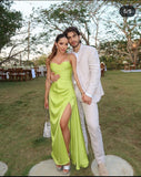 Elegant Green Spaghetti Strap Sweetheart Neck Satin Slit Long Prom Dress Bridesmaid Dress HZ1024