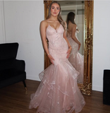 Shiny Pink Strap Mermaid Tulle Backless Ball Gown Evening Dress HZ1024