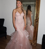 Shiny Pink Strap Mermaid Tulle Backless Ball Gown Evening Dress HZ1024