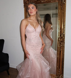 Shiny Pink Strap Mermaid Tulle Backless Ball Gown Evening Dress HZ1024