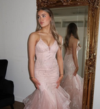 Shiny Pink Strap Mermaid Tulle Backless Ball Gown Evening Dress HZ1024