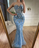 Gorgeous Blue Strapless Sweetheart Neck Sequin Mermaid Long Prom Dress Evening Dress HZ1024