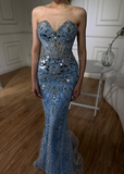 Gorgeous Blue Strapless Sweetheart Neck Sequin Mermaid Long Prom Dress Evening Dress HZ1024