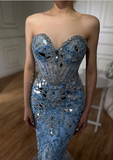 Gorgeous Blue Strapless Sweetheart Neck Sequin Mermaid Long Prom Dress Evening Dress HZ1024