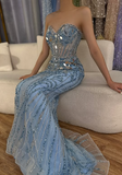 Gorgeous Blue Strapless Sweetheart Neck Sequin Mermaid Long Prom Dress Evening Dress HZ1024