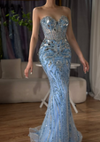 Gorgeous Blue Strapless Sweetheart Neck Sequin Mermaid Long Prom Dress Evening Dress HZ1024