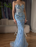 Gorgeous Blue Strapless Sweetheart Neck Sequin Mermaid Long Prom Dress Evening Dress HZ1024