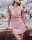 Sweet Pink Strap Deep V Neck Bow Sleeveless Mini Party Dress Homecoming Dress HZ1024
