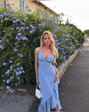 Spaghetti Strap Deep V Neck Sleeveless Blue Ruffle Elegant Prom Dress HZ1024