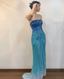 Elegant Gradient Blue Off-the-shoulder Sleeveless Sequined Mermaid Floor-length Ball Gown Evening Dress HZ1024