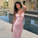 Spaghetti Strap Deep V Neck Satin Mermaid Long Prom Dress Evening Dress HZ1024
