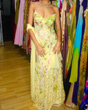 Vintage Yellow Spaghetti Strap Chiffon Beaded Long Prom Dress Evening Dress HZ1024